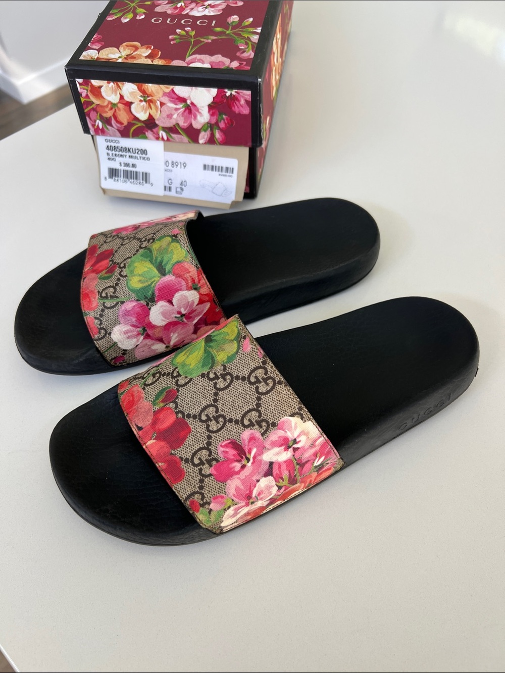 Gucci multicolored GG logo print floral open toe slides sandals size 40
